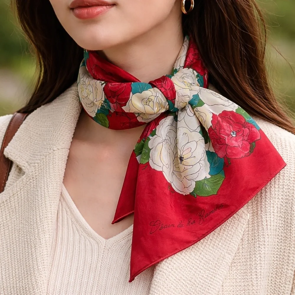 Oscar de la Renta Signed Silk Square Floral Scarf Red 30x29
